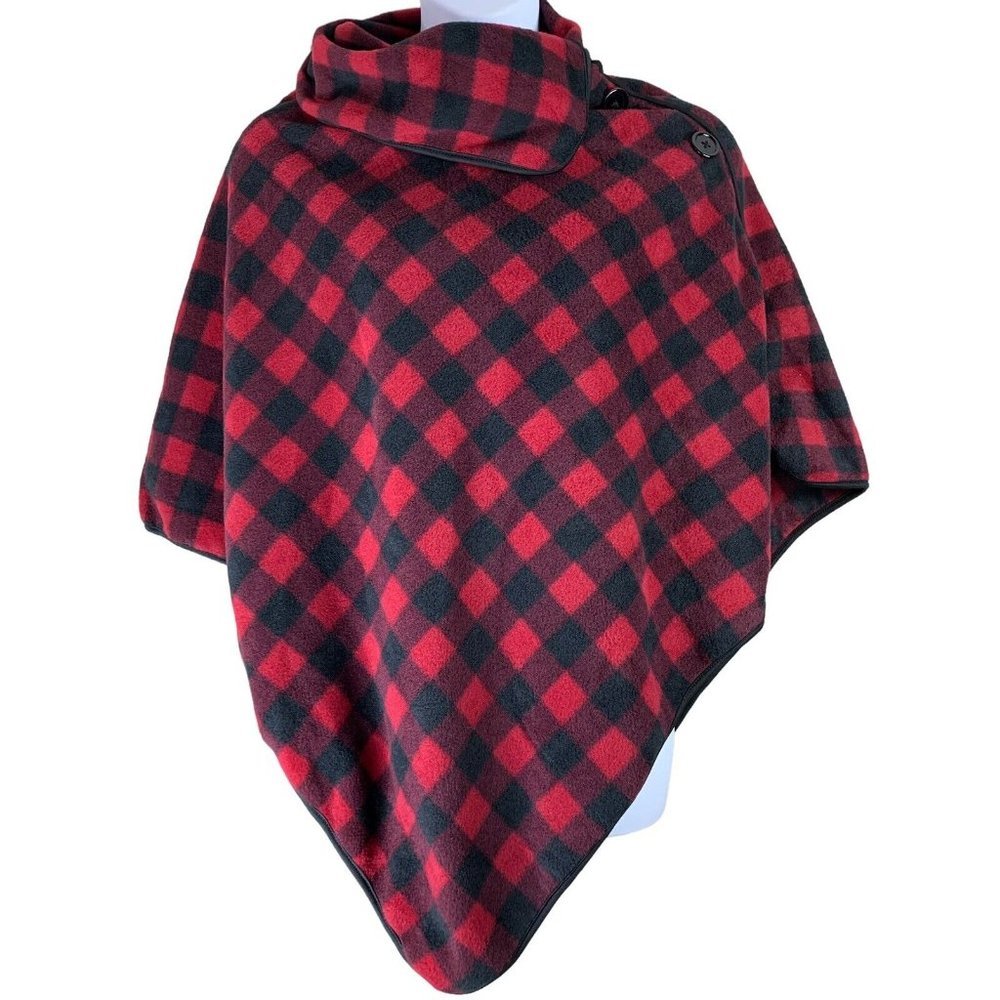 Le Moda Poncho Sweater Red Black Plaid Button Collar Polyester NEW